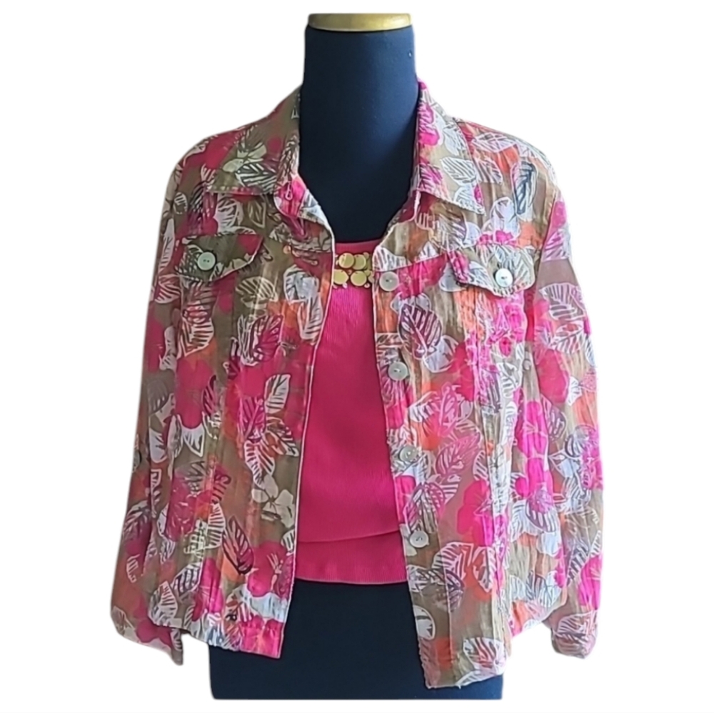 Ruby Rd jacket 14P leafy print tan pink orange sheer indie sleaze boho